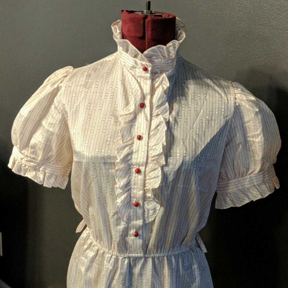 Vintage White & Red striped high collar dress